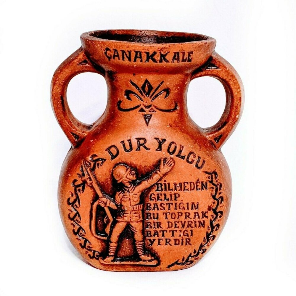 Vintage Turkish Çanakkale Terracotta Vase With Soldier Motif Ottoman WWI Memoria